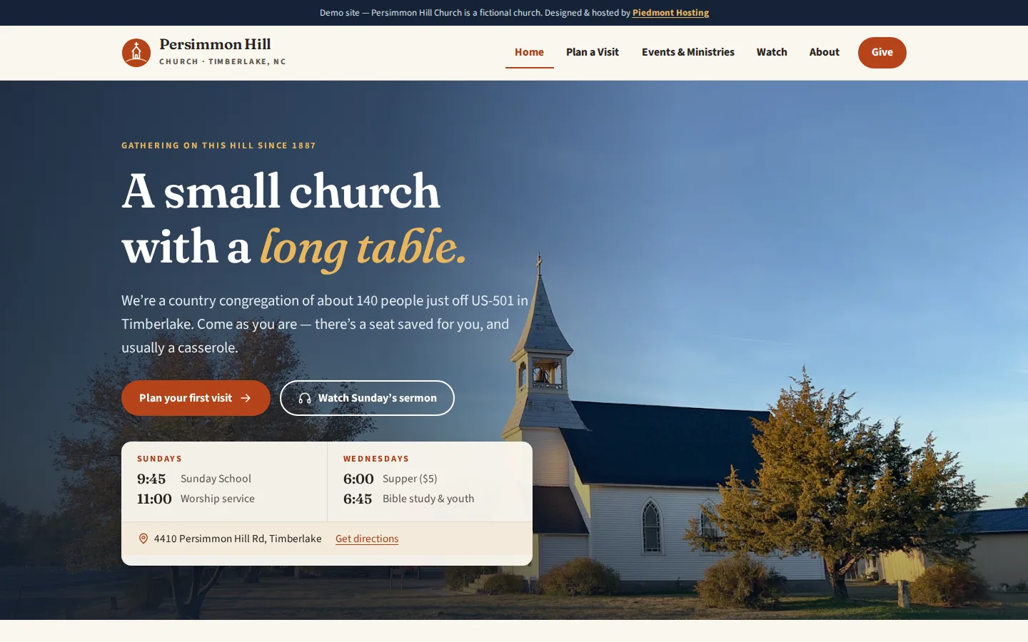 Screenshot of the Persimmon Hill Church demo site