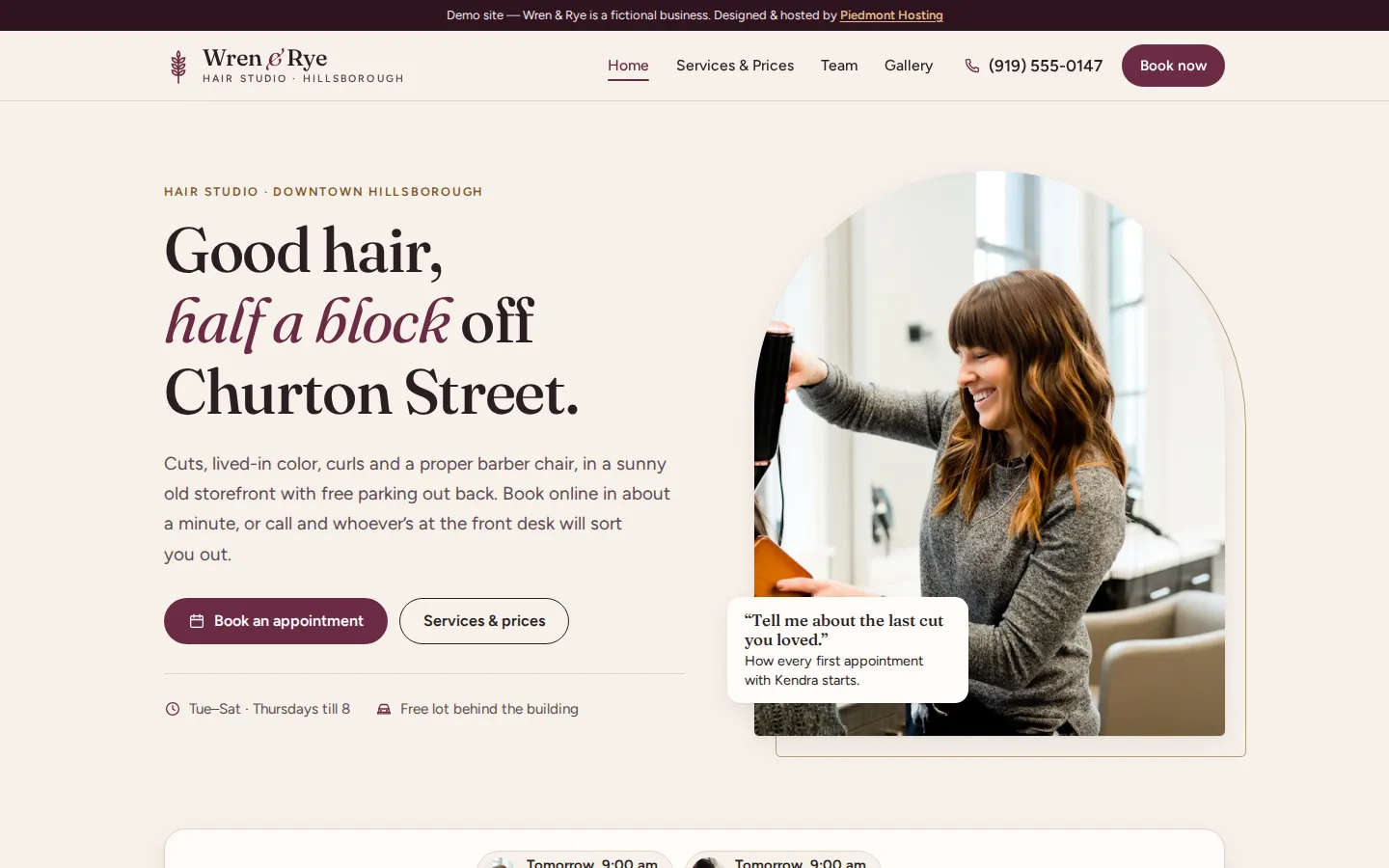 Screenshot of the Wren & Rye Hair Studio demo site